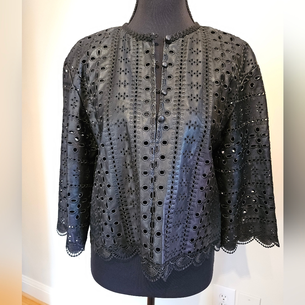 Zara Faux Leather Black Eyelet Lace Top XS